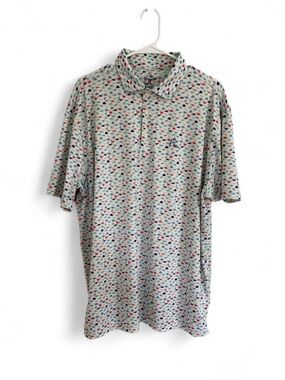 Rhoback Polo Shirt Men XL White Jurassic Dinosaur Print Golf Performance Stretch
